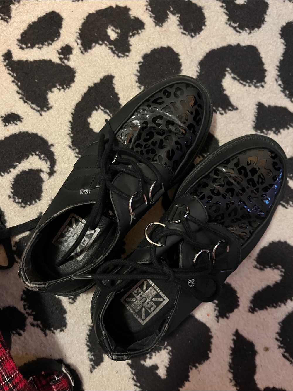 T.U.K Black Lace-Up Platform Shoes with Leopard Patent Panels